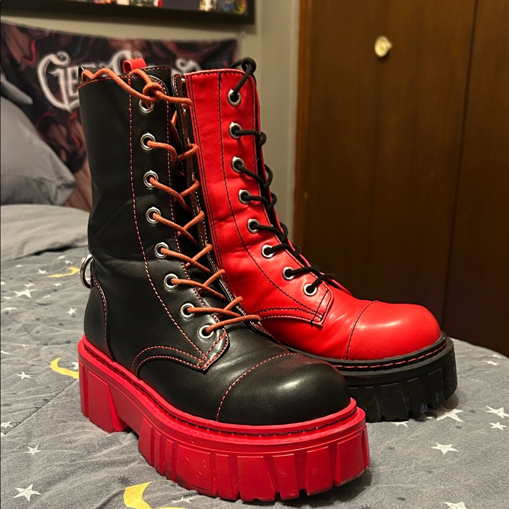 Dolls Kill Red and Black Combat Boots
